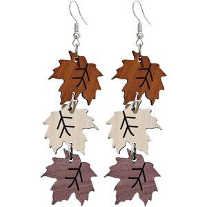 Lightweight Wooden Triple Layered Maple Leaves Dangle Earrings for Women's